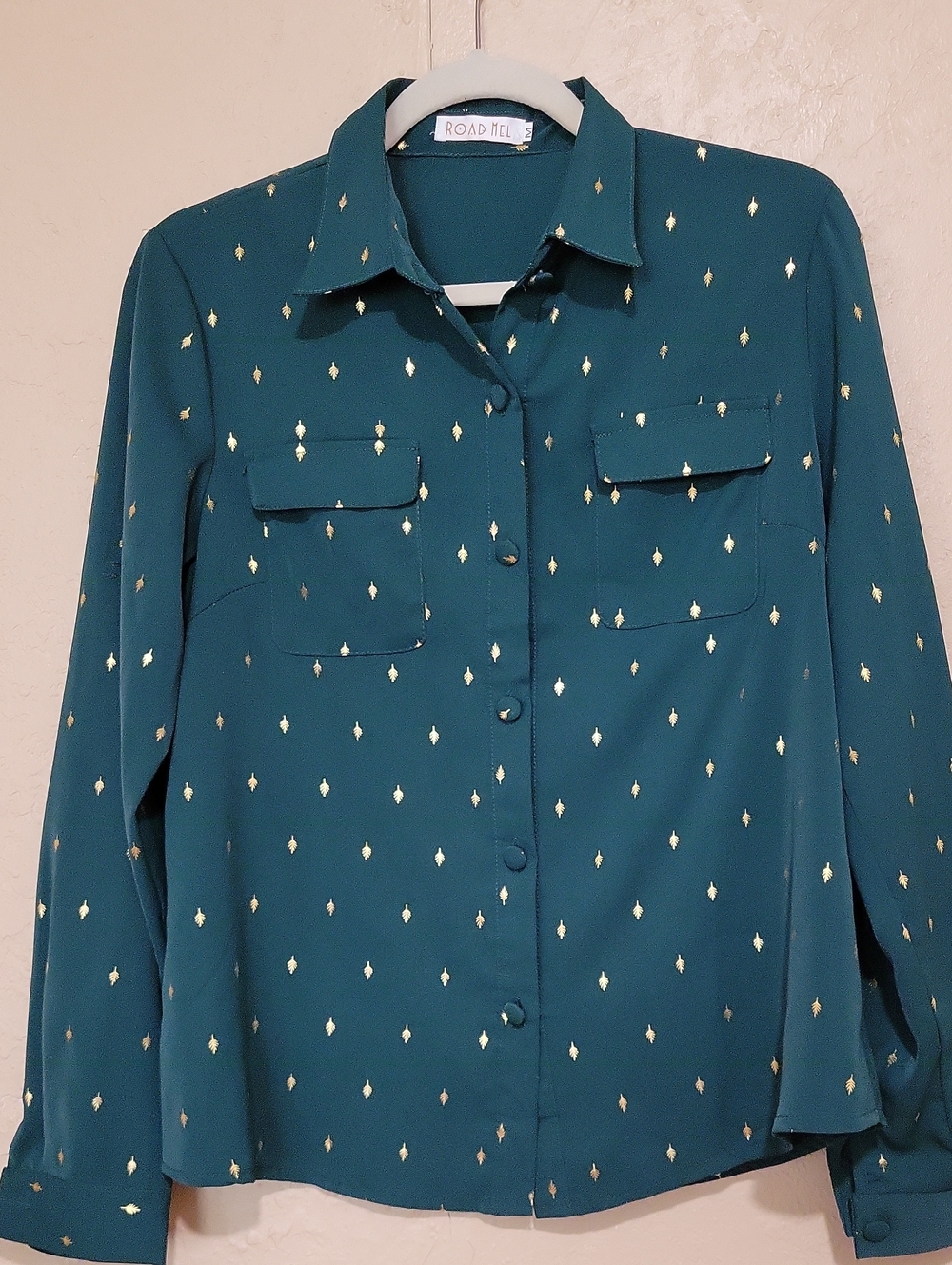 Teal Button-Front Shirt with Gold Foil Accent
